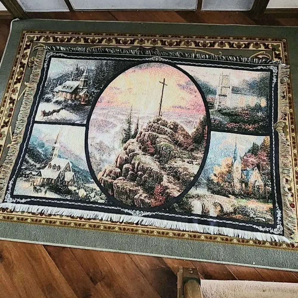 Thomas Kinkade Christmas Blanket Throw Woven Afghan Cross, Church, Sleigh 64x45